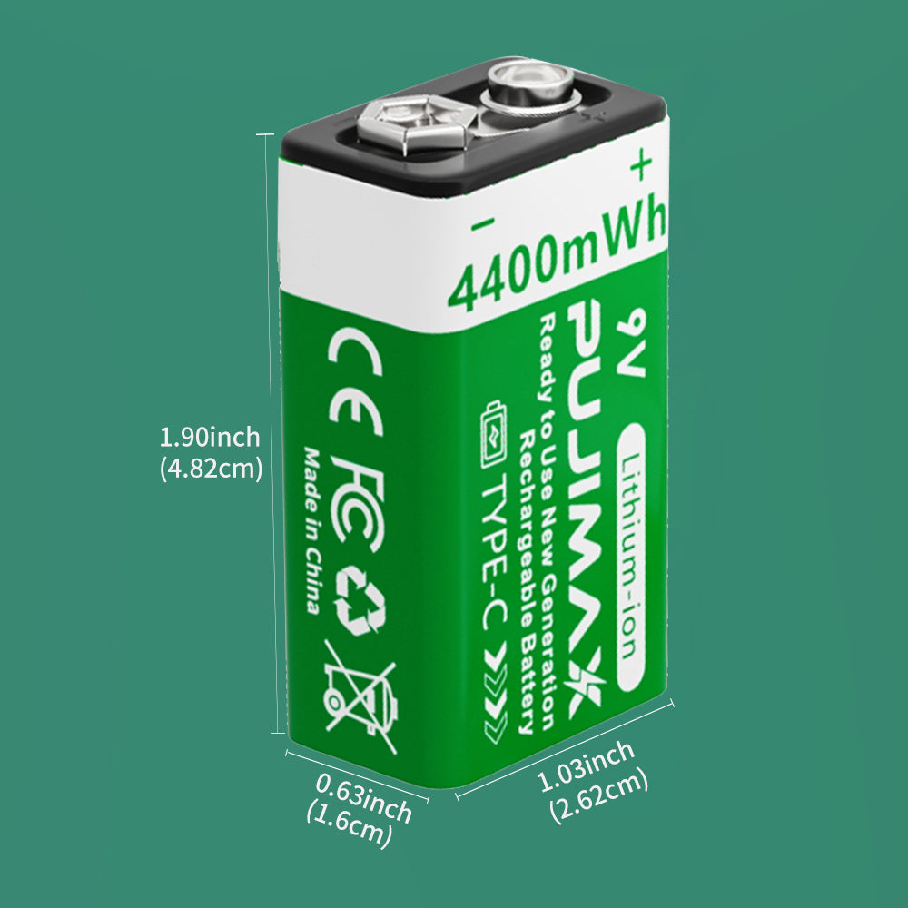PUJIMAX 9V 4400mWh USB-C rechargeable battery dimensions and connector detail. A single-cell detail view does not change the listed pack quantity.