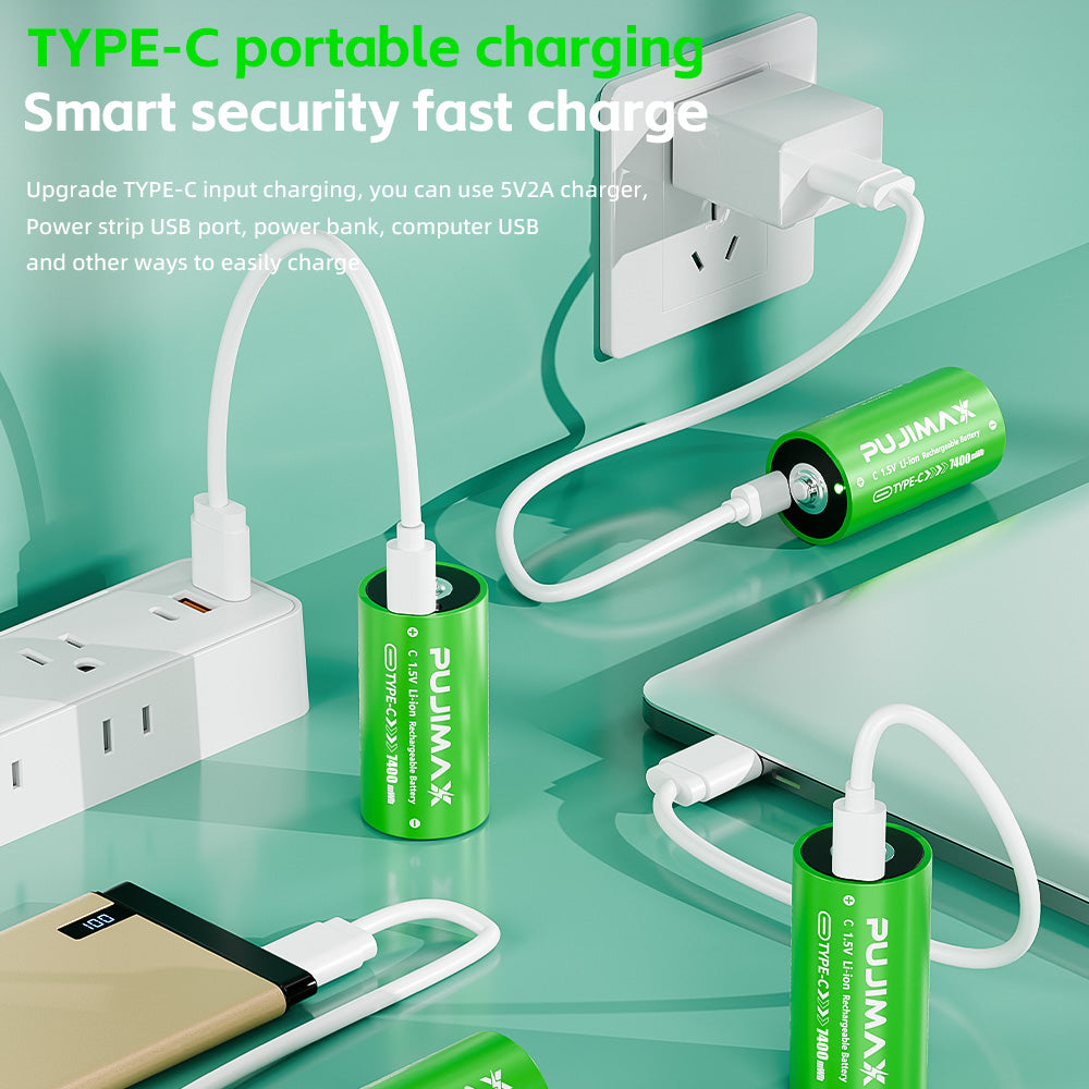 USB-C charging and indicator illustration for the PUJIMAX C 1.5V 7400mWh USB-C rechargeable battery. Power adapters and devices shown are examples, not included accessories. Follow the supplied instructions; charging time depends on conditions.