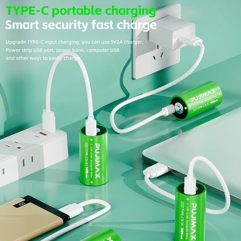 USB-C charging and indicator illustration for the PUJIMAX C 1.5V 7400mWh USB-C rechargeable battery. Power adapters and devices shown are examples, not included accessories. Follow the supplied instructions; charging time depends on conditions.
