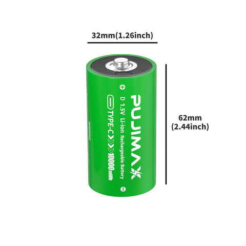 PUJIMAX D 1.5V 10000mWh USB-C rechargeable battery dimensions and connector detail. A single-cell detail view does not change the listed pack quantity.