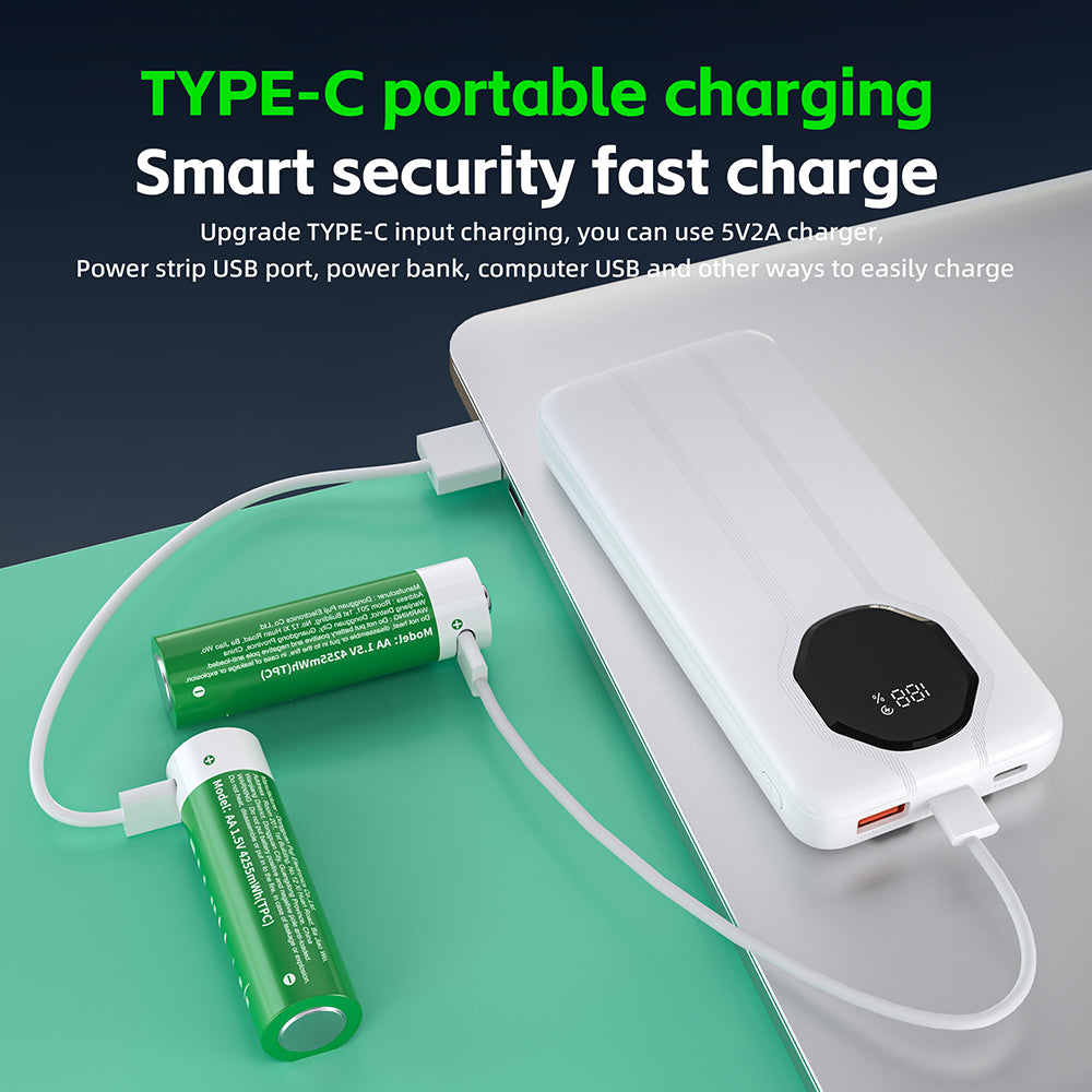 USB-C charging and indicator illustration for the PUJIMAX AA 1.5V 4255mWh USB-C rechargeable battery. Power adapters and devices shown are examples, not included accessories. Follow the supplied instructions; charging time depends on conditions.