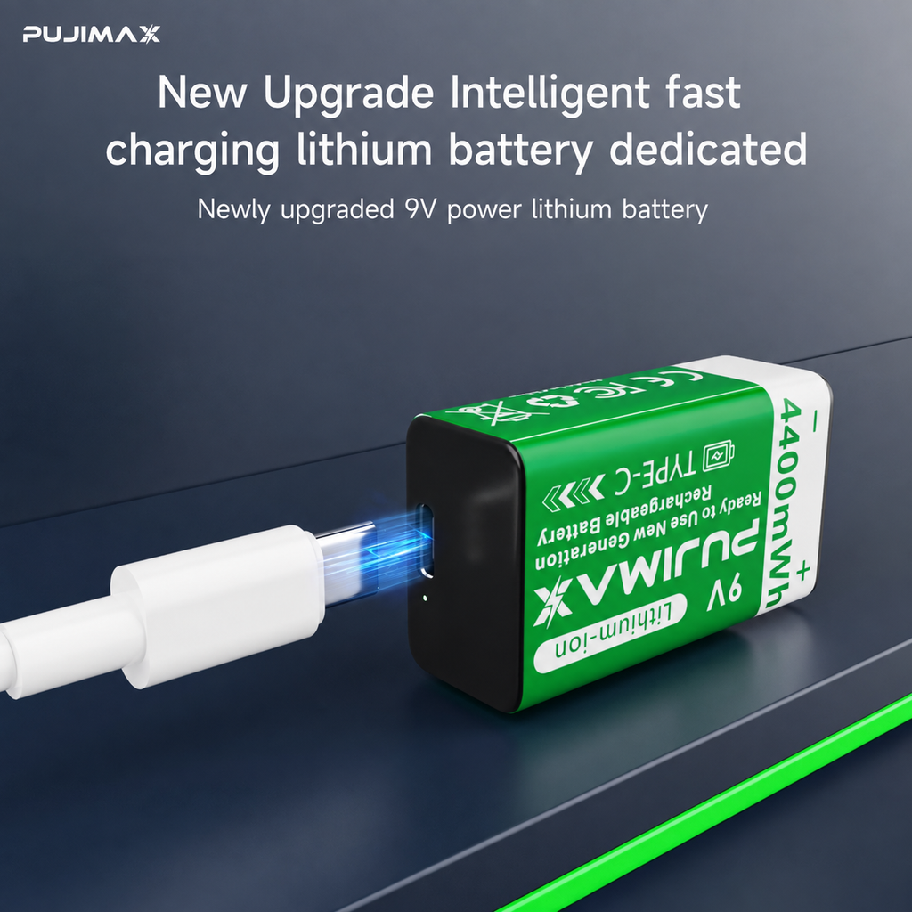 PUJIMAX 9V 4400mWh USB-C rechargeable battery product information.