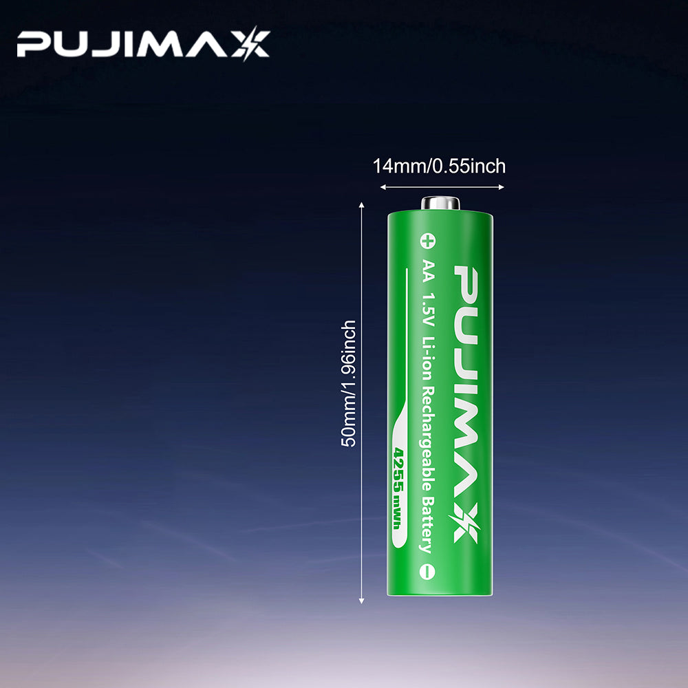 PUJIMAX AA 1.5V 4255mWh rechargeable battery dimensions and connector detail. A single-cell detail view does not change the listed pack quantity.