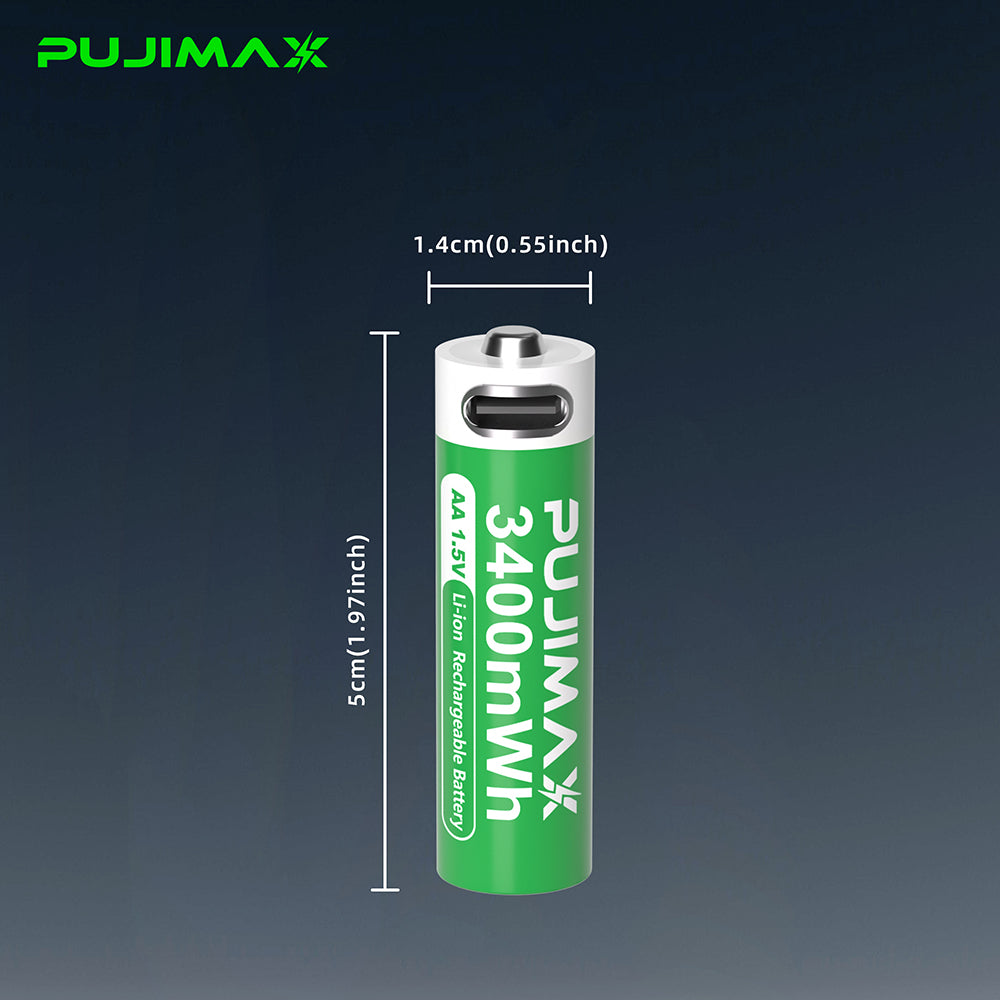 PUJIMAX AA 1.5V 3400mWh USB-C rechargeable battery dimensions and connector detail. A single-cell detail view does not change the listed pack quantity.