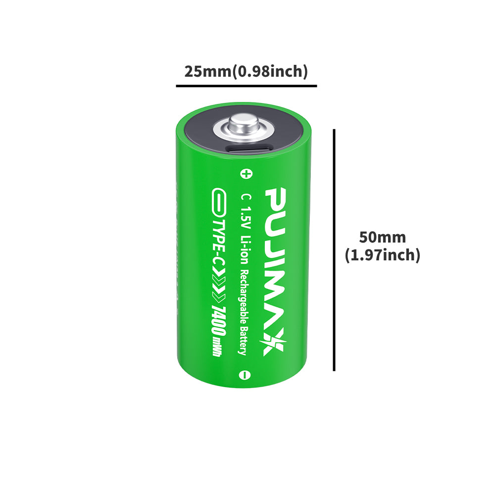 PUJIMAX C 1.5V 7400mWh USB-C rechargeable battery dimensions and connector detail. A single-cell detail view does not change the listed pack quantity.