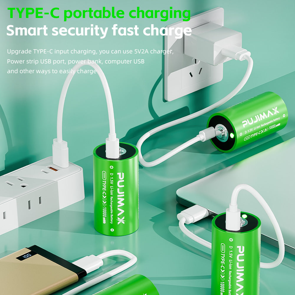 USB-C charging and indicator illustration for the PUJIMAX D 1.5V 10000mWh USB-C rechargeable battery. Power adapters and devices shown are examples, not included accessories. Follow the supplied instructions; charging time depends on conditions.