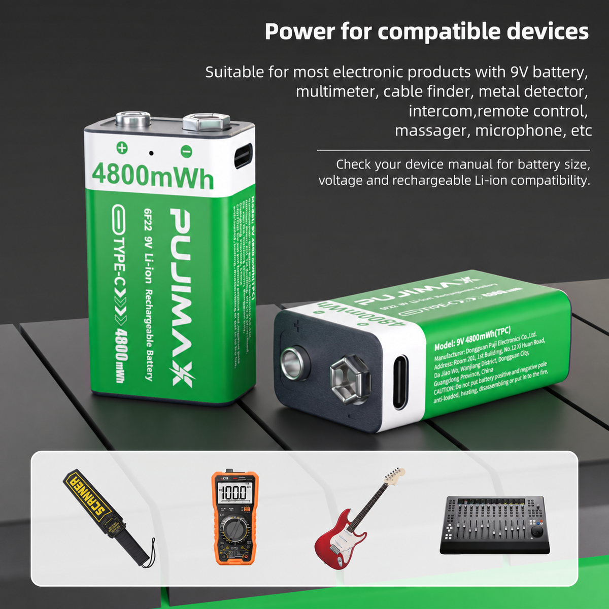 PUJIMAX 9V 4800mWh USB-C rechargeable battery product information.