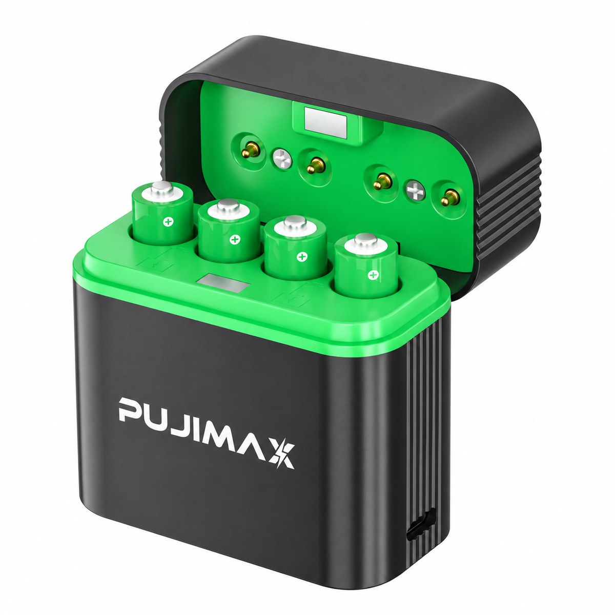 PUJIMAX PJ-L410 charging case with 4 AAA batteries on white background