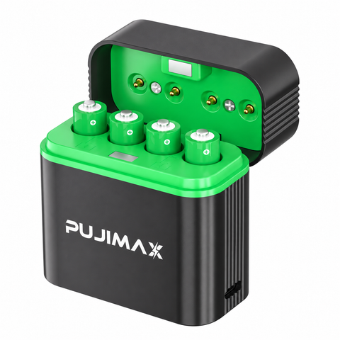PUJIMAX PJ-L410 charging case with 4 AAA batteries on white background
