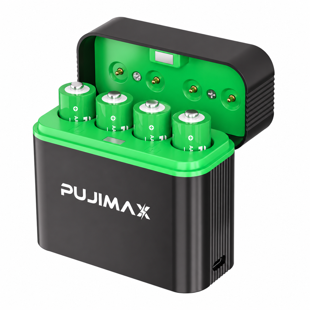 PUJIMAX PJ-L411 charging case with 4 AA batteries on white background