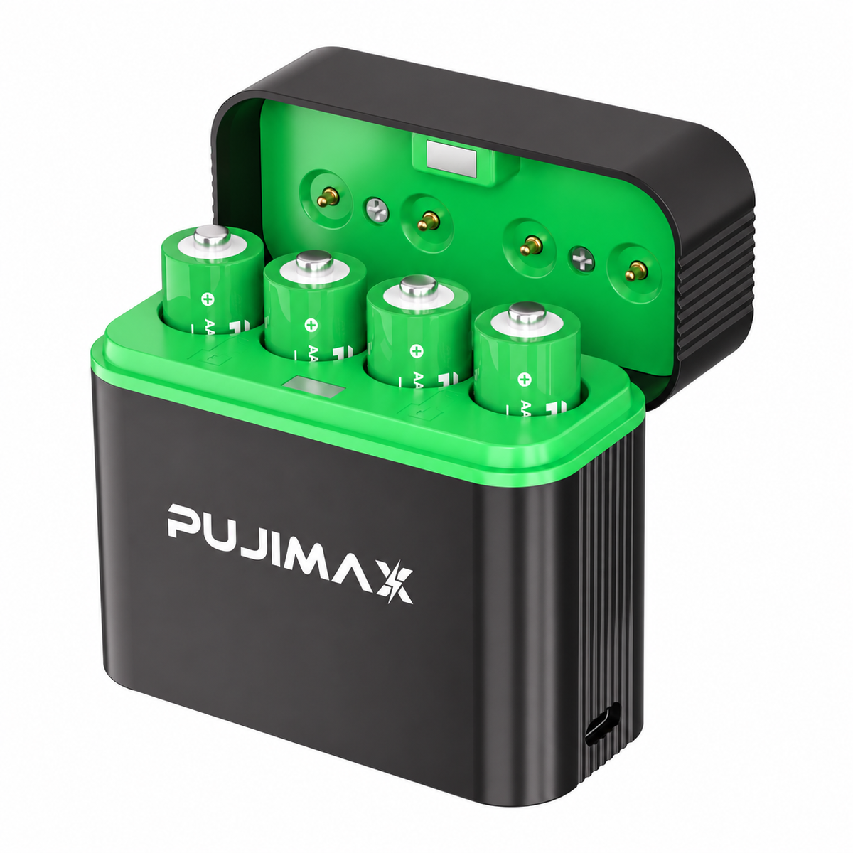 PUJIMAX PJ-L411 charging case with 4 AA batteries on white background