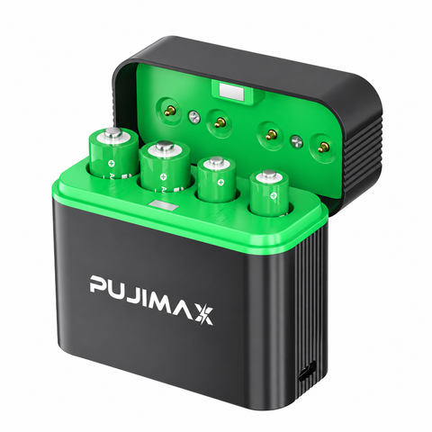 PUJIMAX PJ-L412 charging case with 2 AA and 2 AAA batteries on white background
