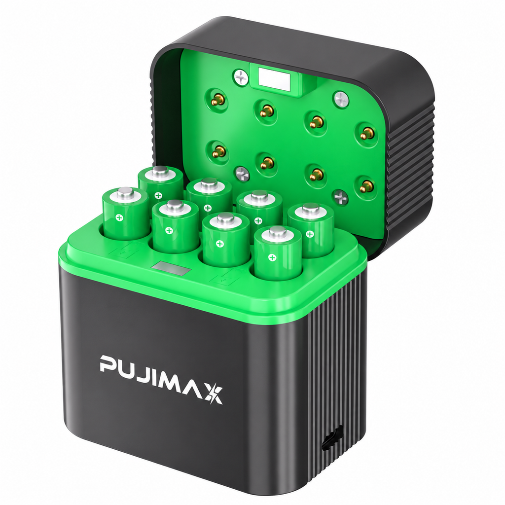 PUJIMAX PJ-L810 charging case with 8 AAA batteries on white background