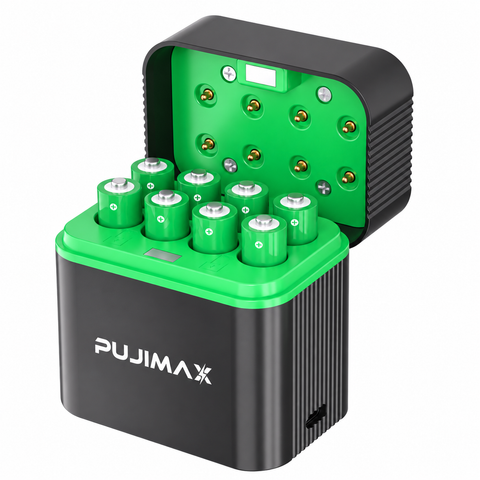 PUJIMAX PJ-L810 charging case with 8 AAA batteries on white background