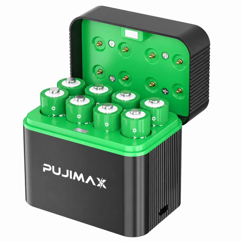 PUJIMAX PJ-L811 charging case with 8 AA batteries on white background