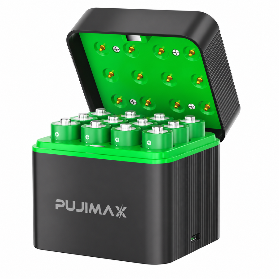 PUJIMAX PJ-L1211 charging case with 12 AA rechargeable batteries on white background