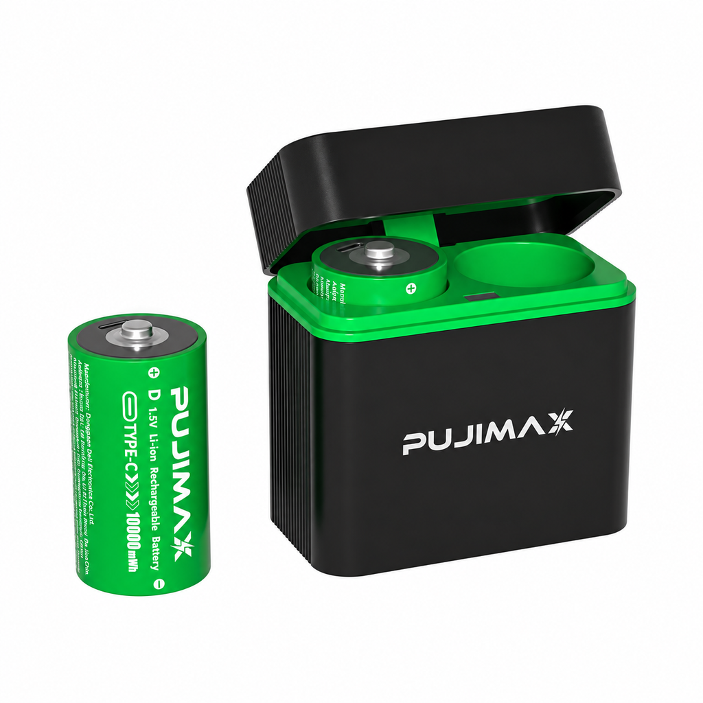 PUJIMAX 2-slot charging case with 2 D size 1.5V 10000mWh rechargeable batteries on white background