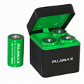 PUJIMAX 4-slot charging case with 4 D size 1.5V 10000mWh rechargeable batteries on white background
