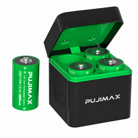 PUJIMAX 4-slot charging case with 4 D size 1.5V 10000mWh rechargeable batteries on white background