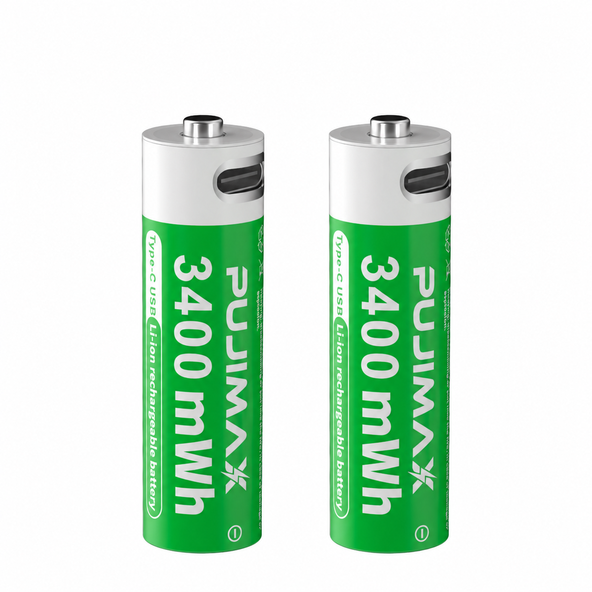 PUJIMAX AA 1.5V 3400mWh USB-C rechargeable Li-ion batteries, 2-pack on white background