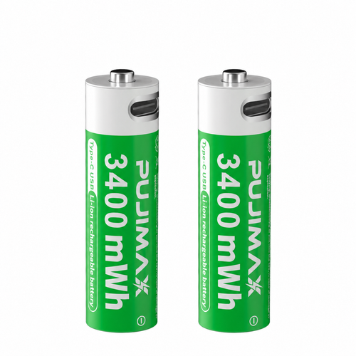 PUJIMAX AA 1.5V 3400mWh USB-C rechargeable Li-ion batteries, 2-pack on white background