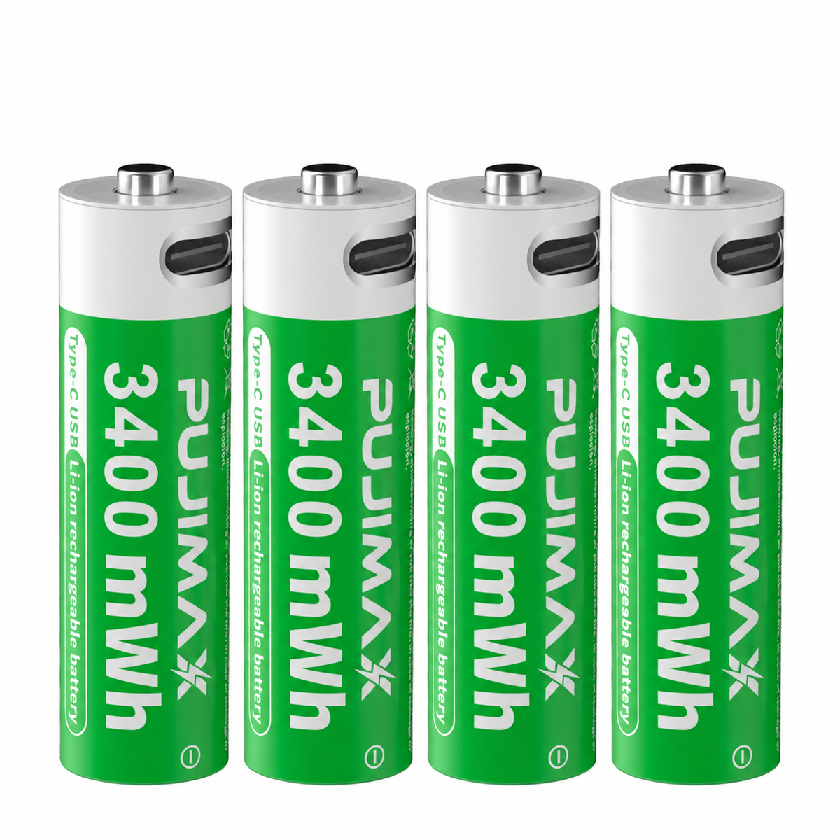 PUJIMAX AA 1.5V 3400mWh USB-C rechargeable Li-ion batteries, 4-pack on white background