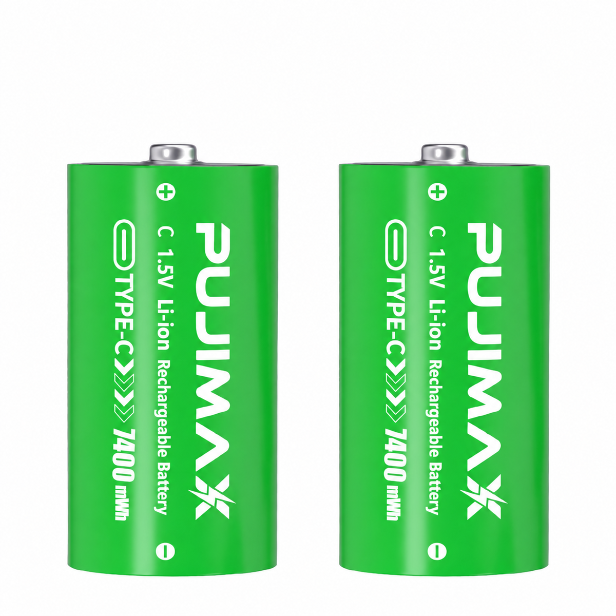 PUJIMAX C 1.5V 7400mWh USB-C rechargeable Li-ion batteries, 2-pack on white background