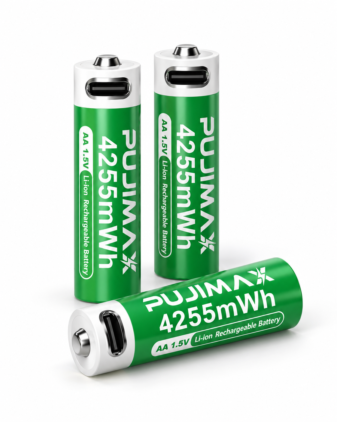 PUJIMAX AA USB-C rechargeable batteries, white studio design