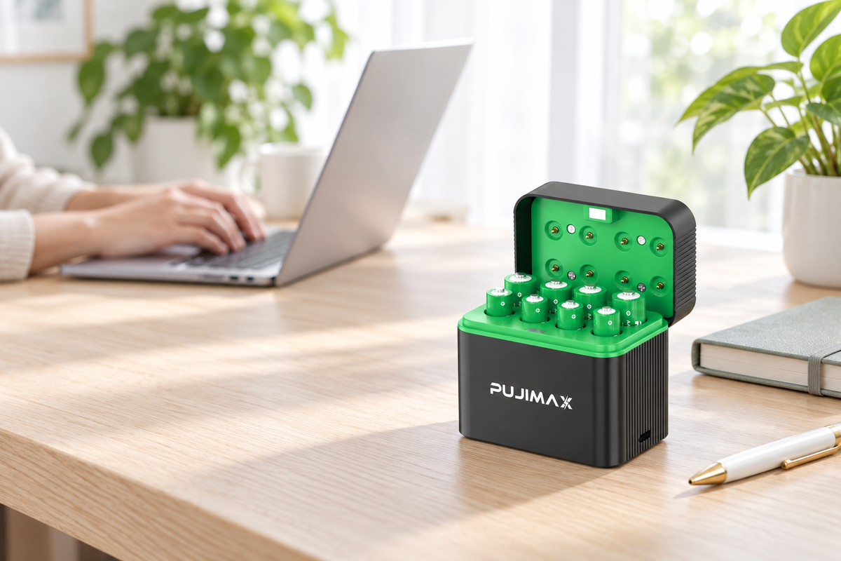 PUJIMAX batteries on a bright home desk