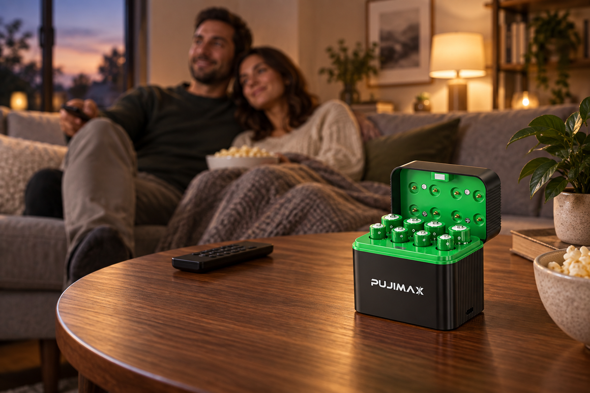 PUJIMAX charging case in a warm living room
