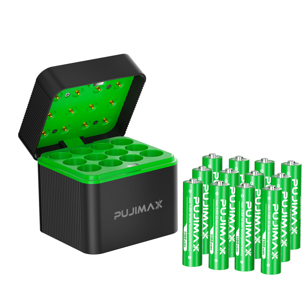 PJ-L1210 charger and twelve AAA 1.5V 1100mWh batteries. Cable and manual not shown.