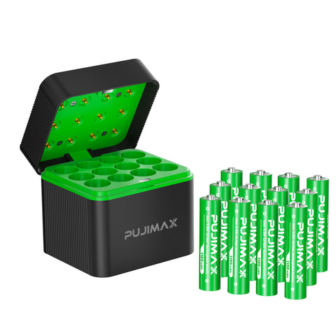 PJ-L1210 charger and twelve AAA 1.5V 1100mWh batteries. Cable and manual not shown.