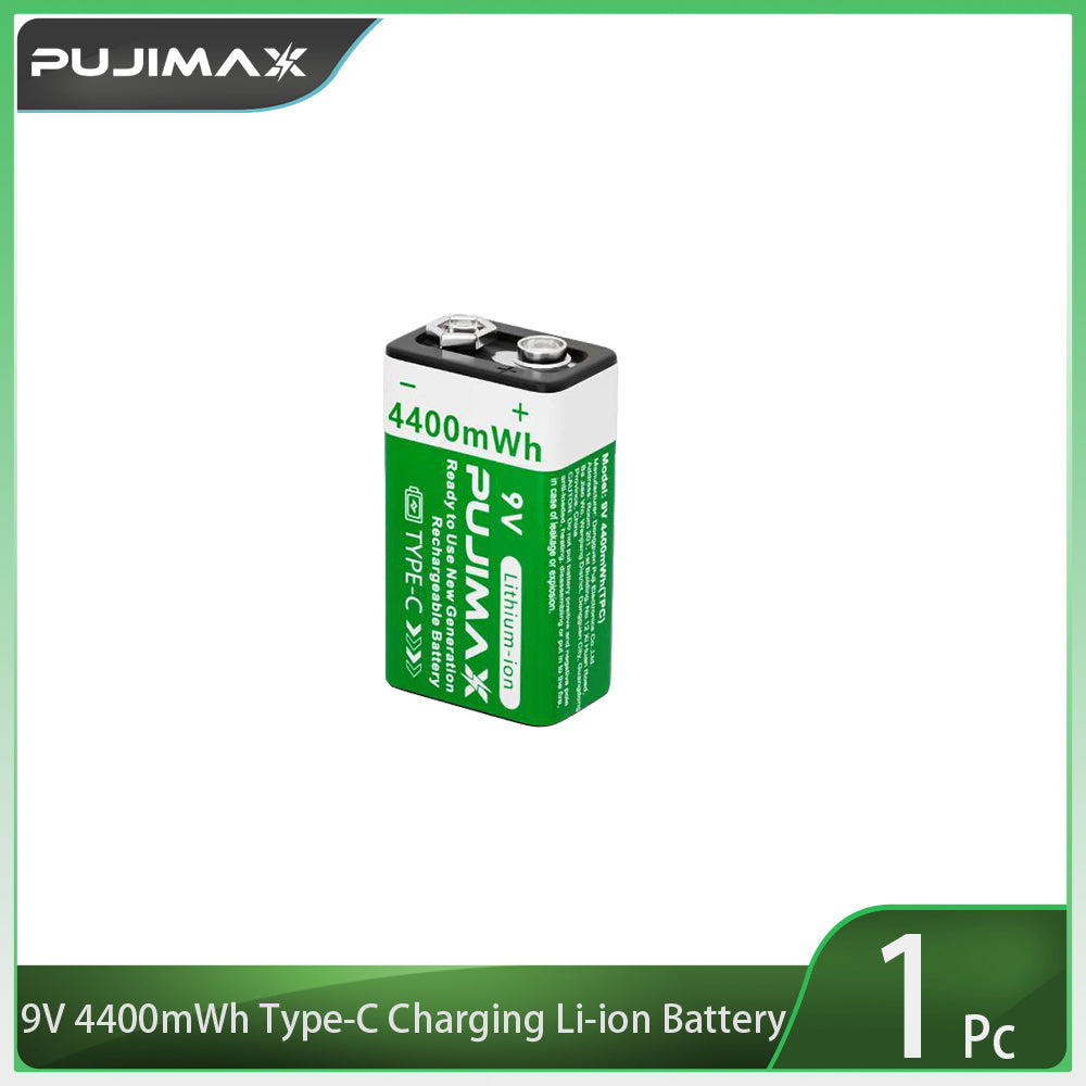 One PUJIMAX 9V 4400mWh Type-C rechargeable Li-ion battery.