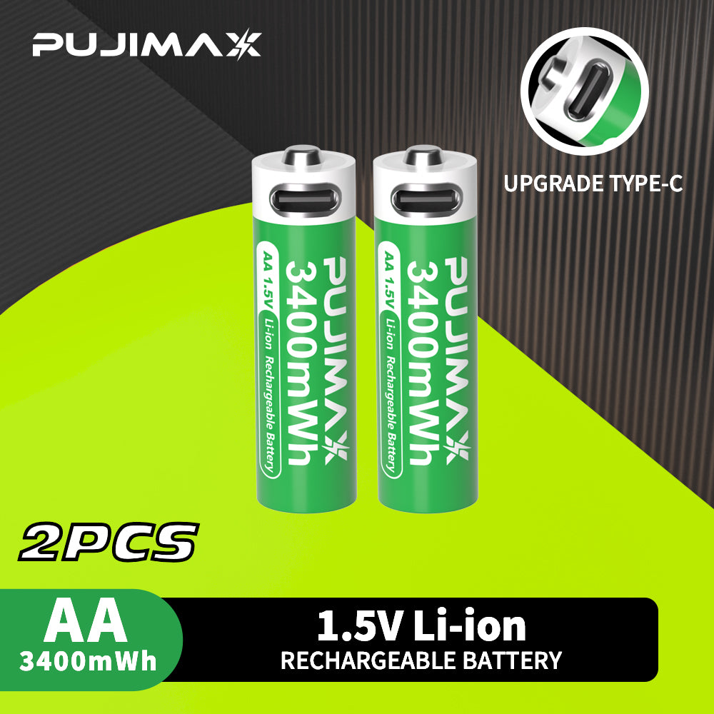 Two AA 1.5V 3400mWh Type-C rechargeable Li-ion batteries.