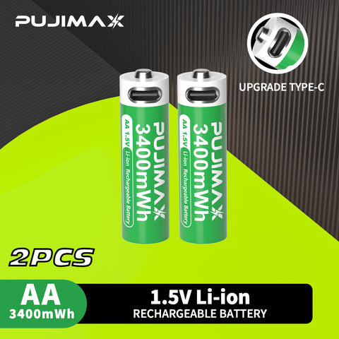 Two AA 1.5V 3400mWh Type-C rechargeable Li-ion batteries.