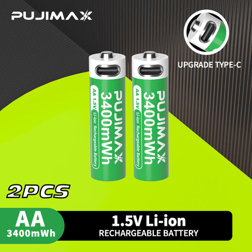 Two AA 1.5V 3400mWh Type-C rechargeable Li-ion batteries.