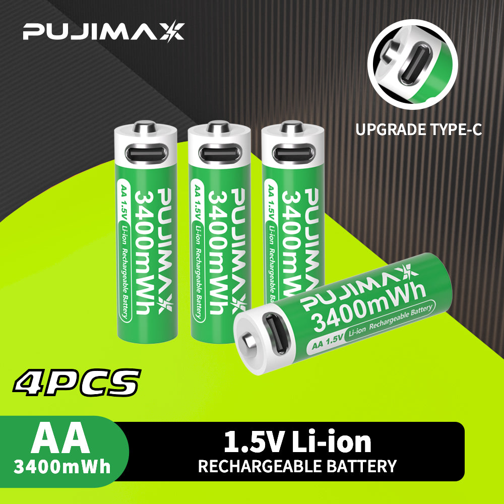 Four AA 1.5V 3400mWh Type-C rechargeable Li-ion batteries.