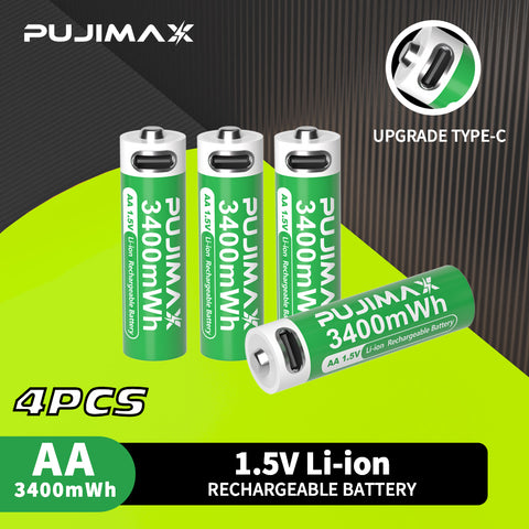 Four AA 1.5V 3400mWh Type-C rechargeable Li-ion batteries.