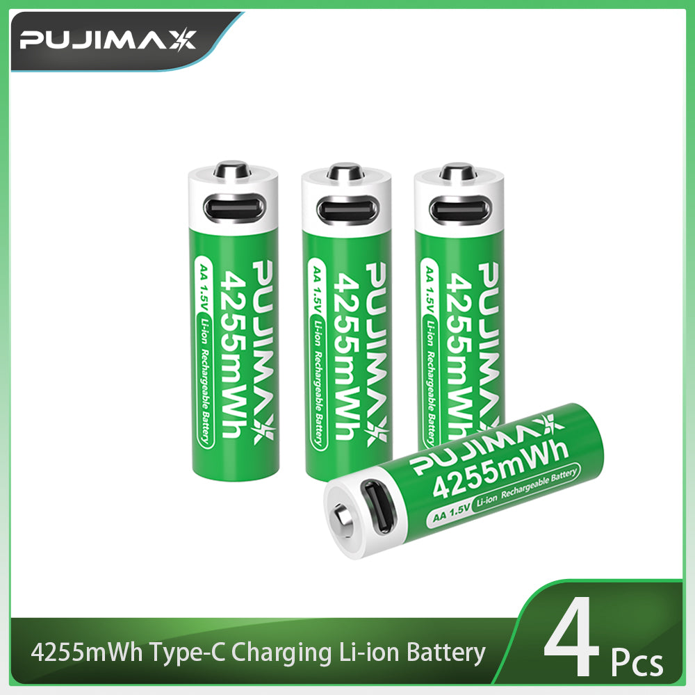 Four AA 1.5V 4255mWh Type-C rechargeable Li-ion batteries.