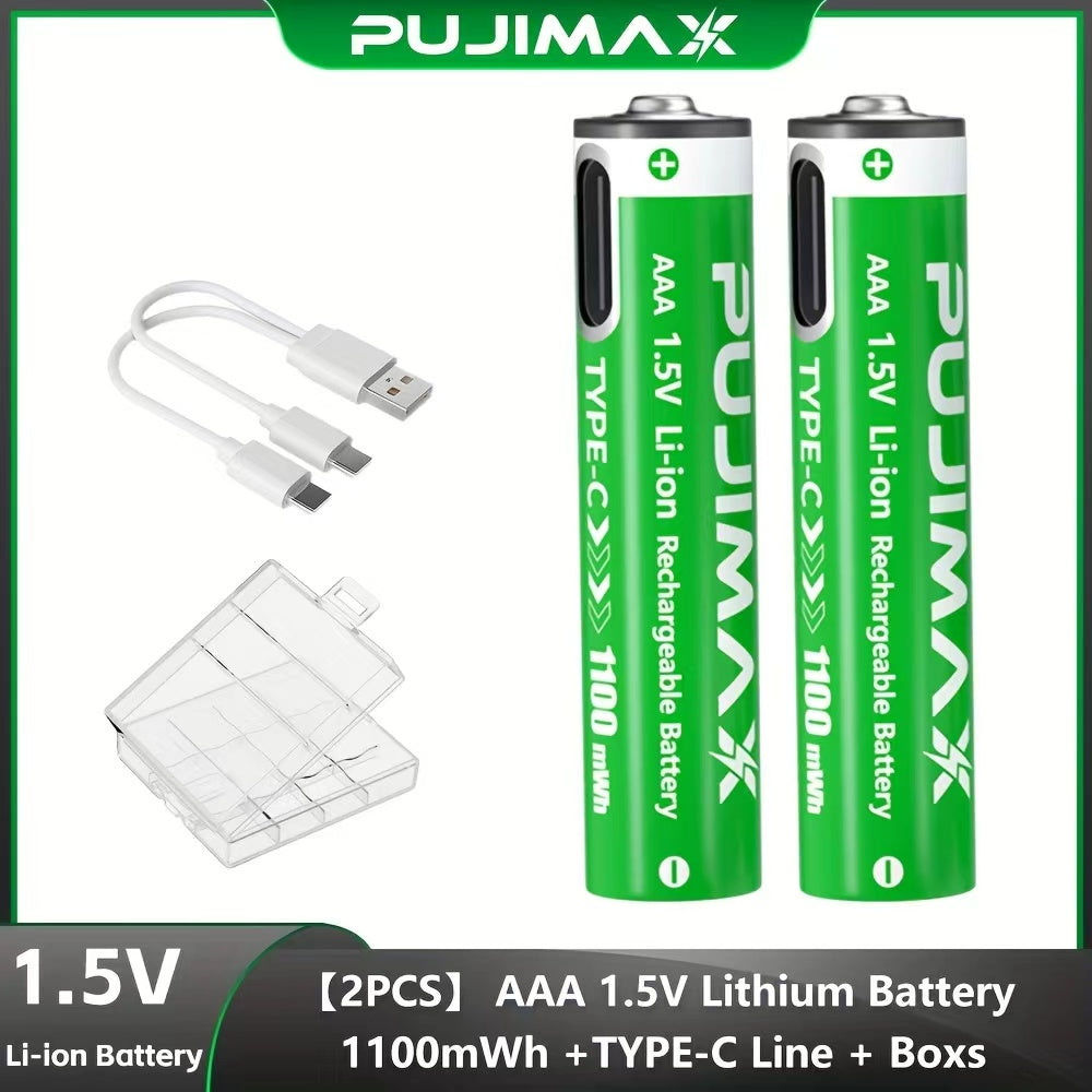 Two AAA 1.5V 1100mWh Type-C batteries with a dual-head cable and storage case. Manual not shown.