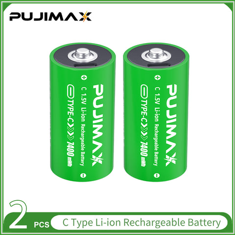 Two C 1.5V 7400mWh Type-C rechargeable Li-ion batteries.